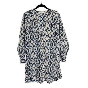 Athleta Blue White Printed Cotton Silk Blend Kaftan Shirt Size M